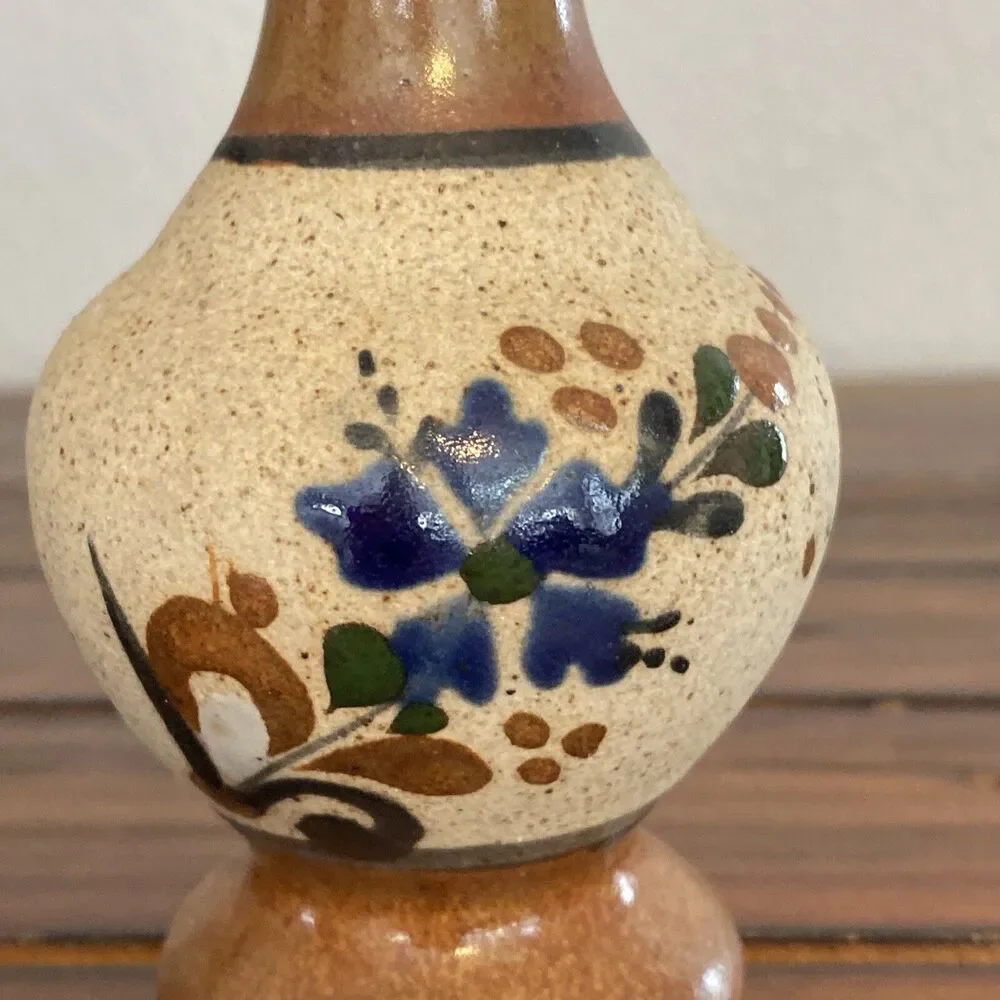 Vintage Mexican Art Pottery Stoneware Vase Hand Painted Signed Floral Small 5”